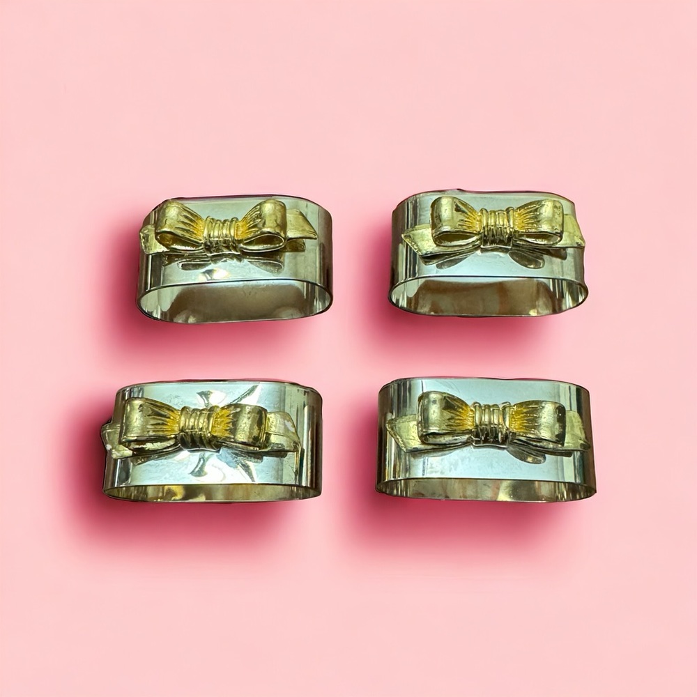 Vintage Set of 4 Coquette Silver Colored with Gold Bow Napkin Rings by Audrey